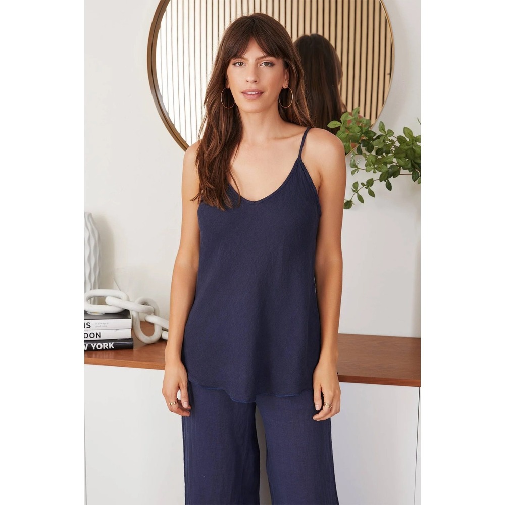 Milio Milano Linen Tank Top 80813 Navy Blue Spaghetti Strap Italy